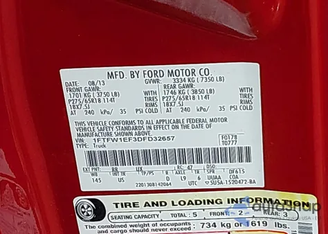 2013 Ford F-150 Xlt из США, поврежденный, VIN 1FTFW1EF3DFD32657